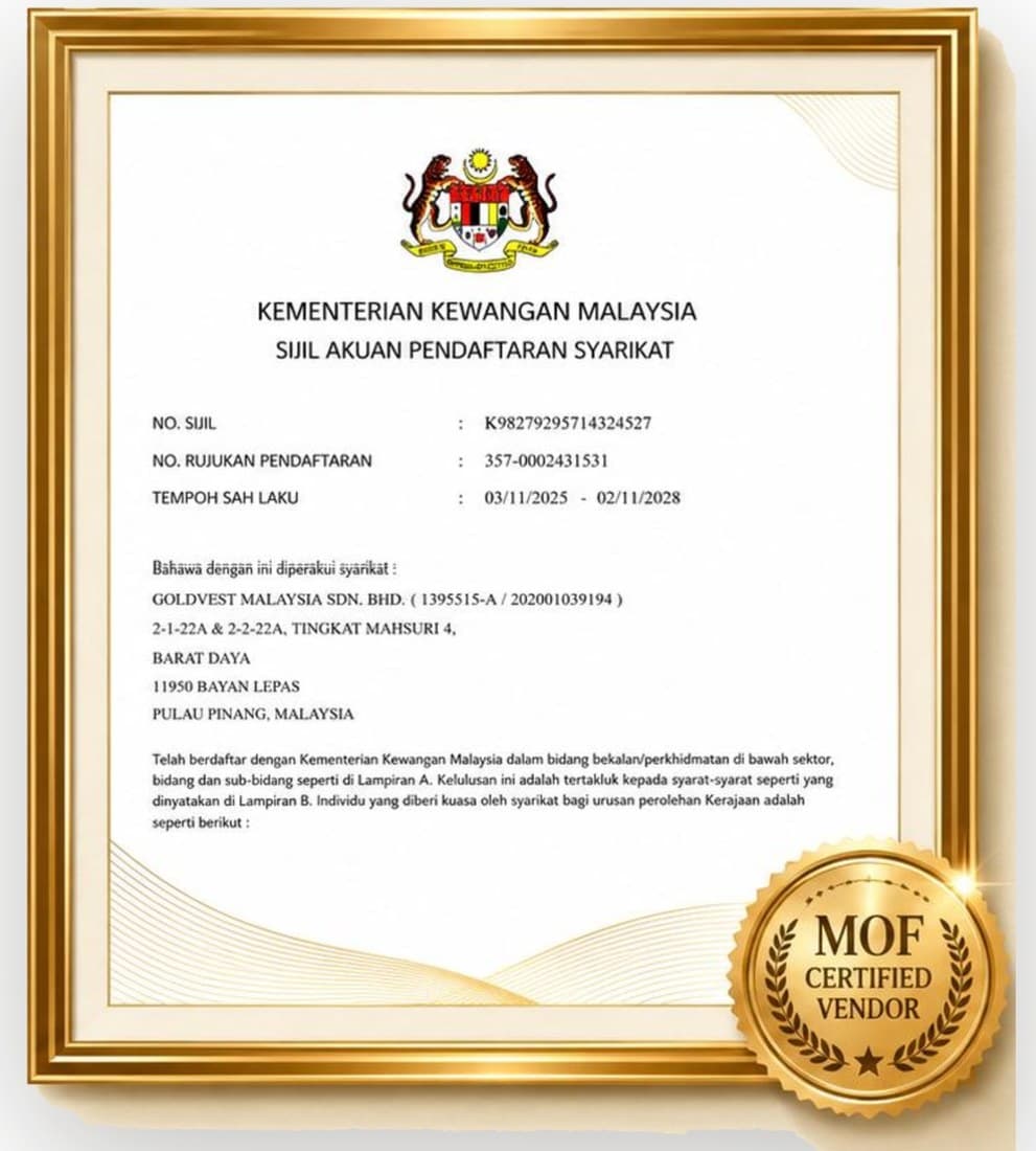 马来西亚财政部颁发给 Goldvest Malaysia Sdn. Bhd. 的供应商证书