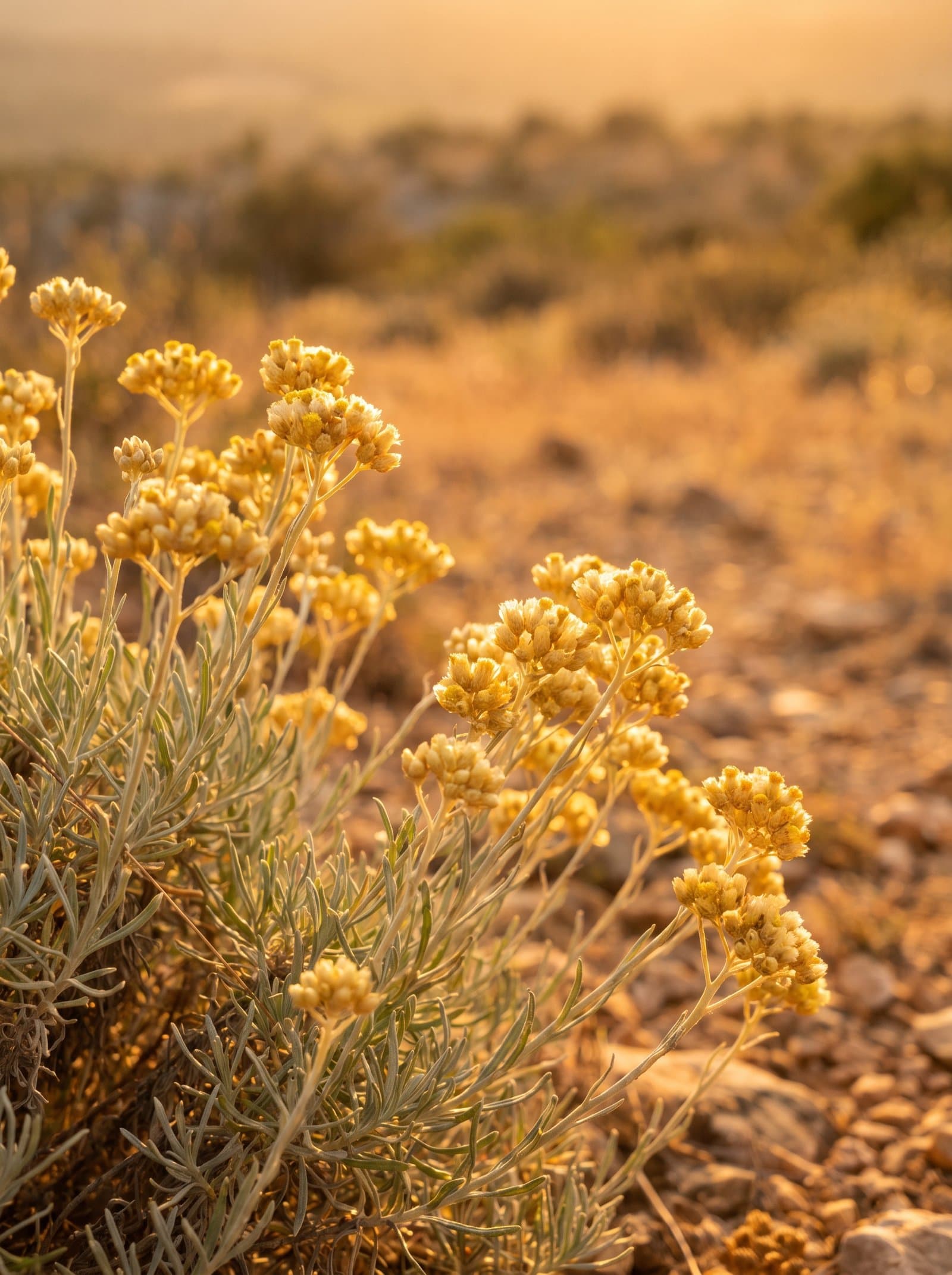 Immortelle in flower on a dry Provençal hillside at golden hour