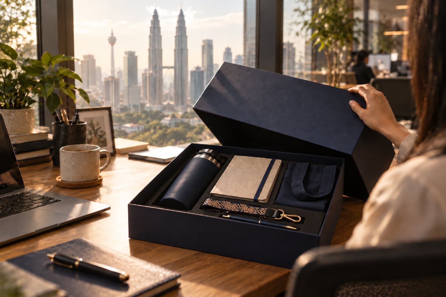 An onboarding gift box opened at a Kuala Lumpur office desk, the city skyline outside