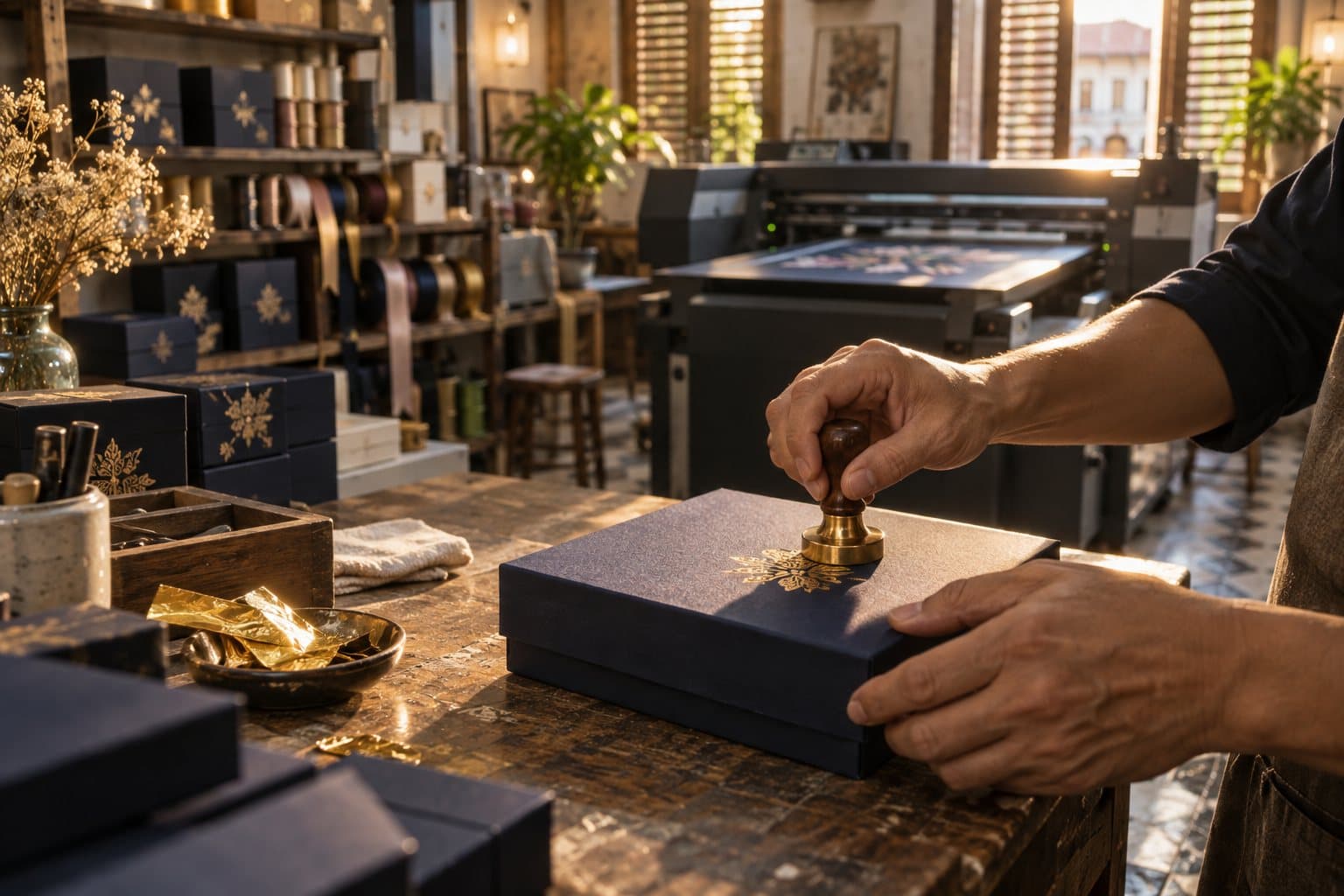 Gold foil being pressed by hand onto a navy gift box in a Penang workshop
