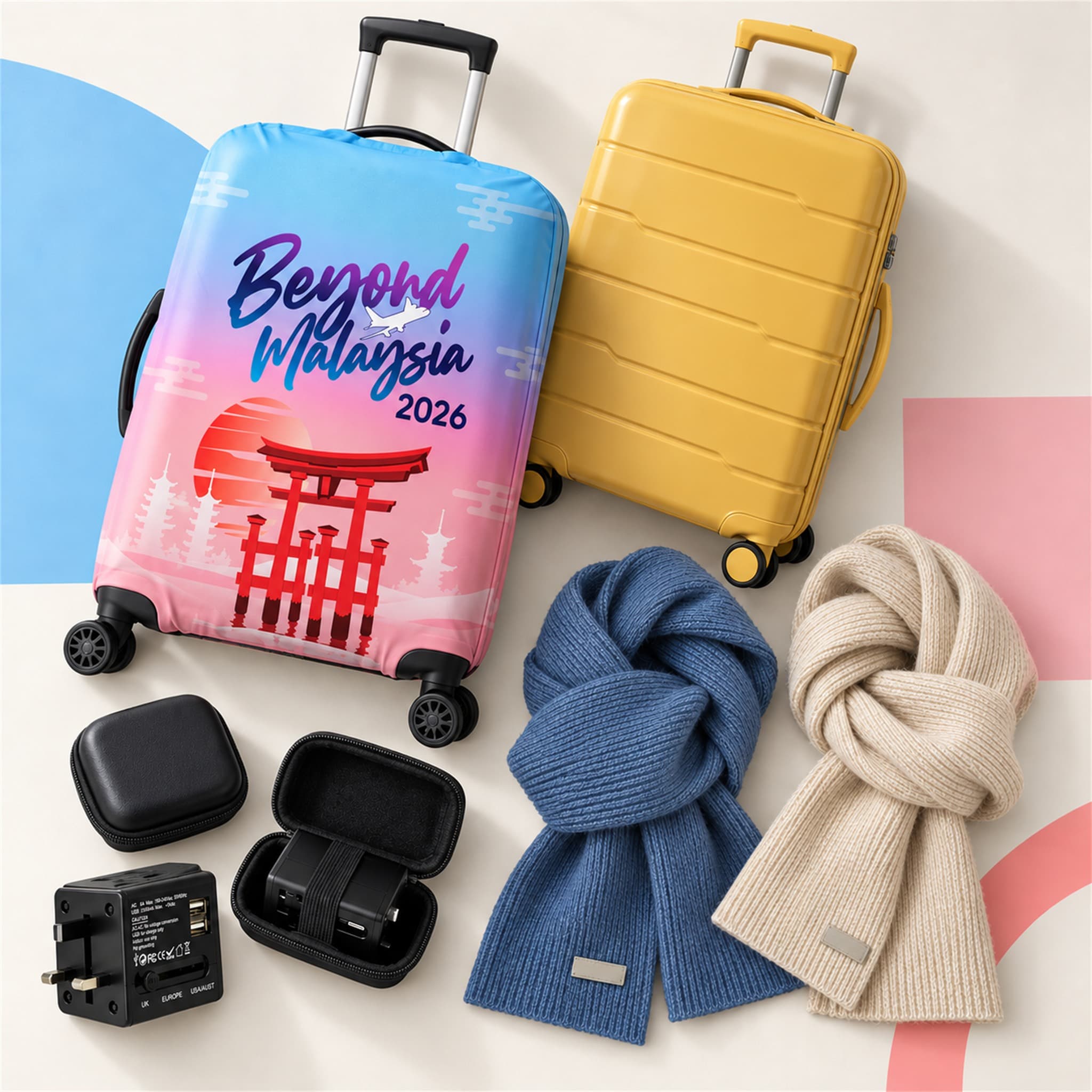 Travel Gift Set - Adapter, Scarf, Luggage Cover and Cabin Case